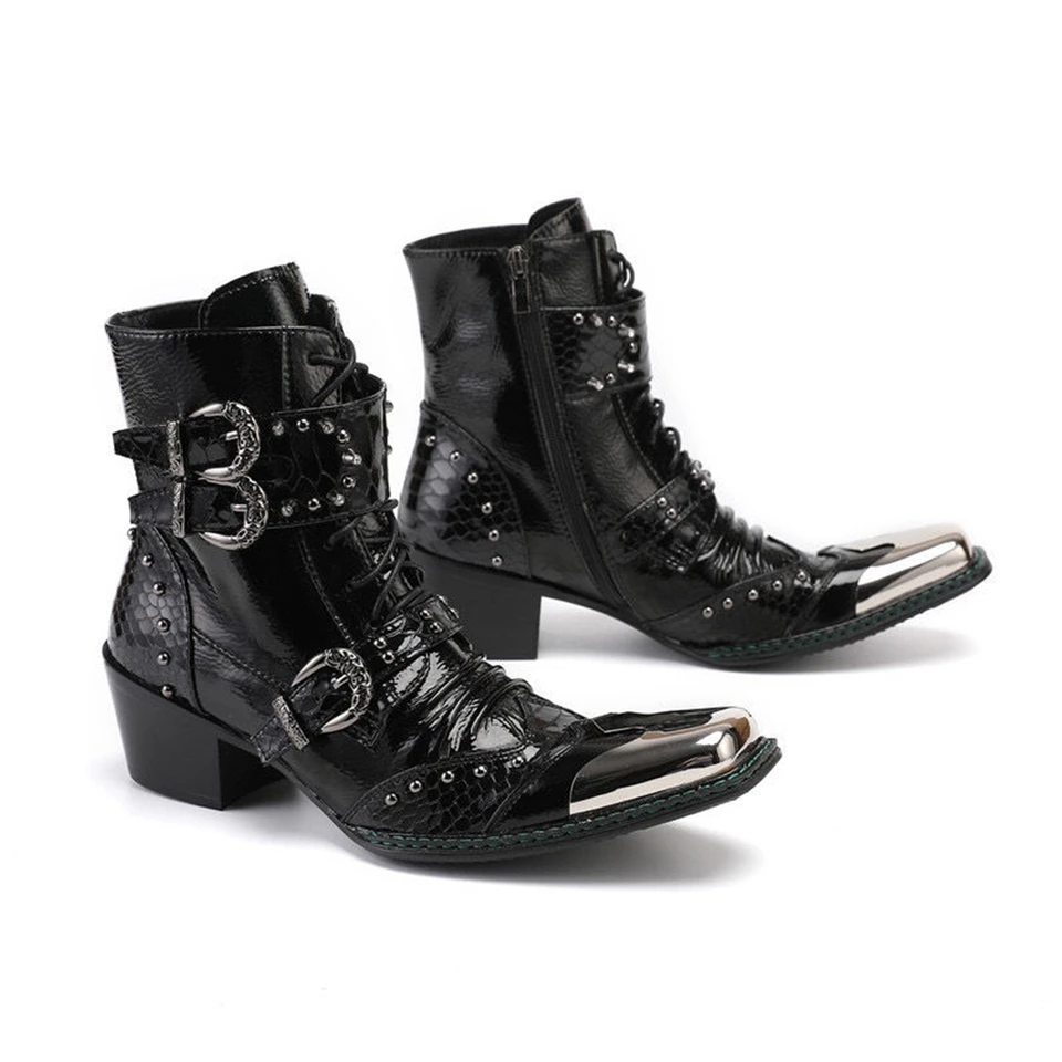 Black Genuine Leather Motorcycle Boots Heels Mens Party leather boots