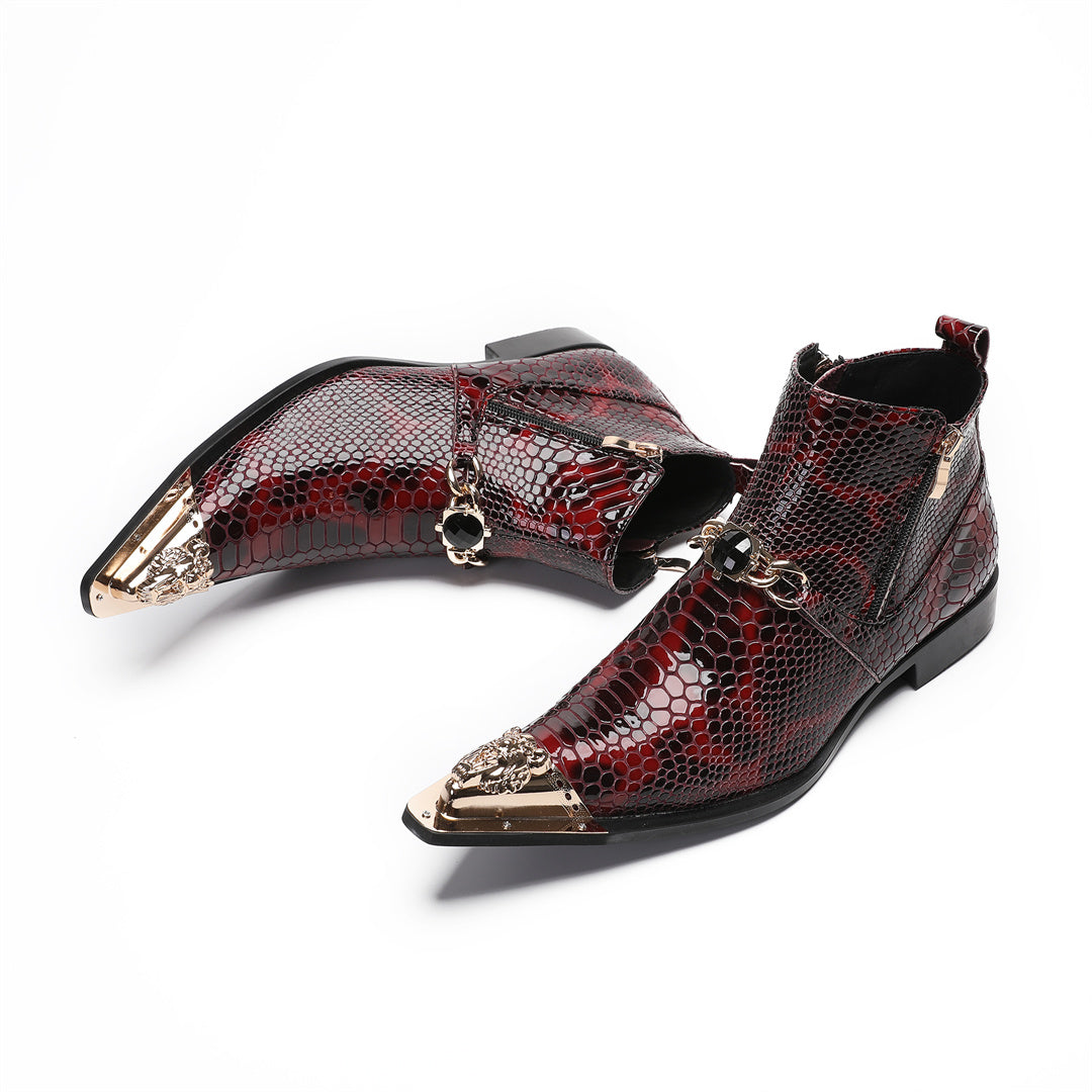 Wine red fashion pointed leather shoes men's low boots