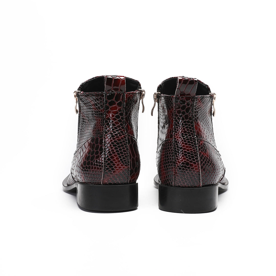 Wine red fashion pointed leather shoes men's low boots