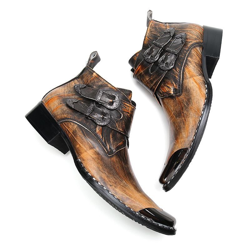 Silver vintage leather boots Pointy motorcycle boots for men