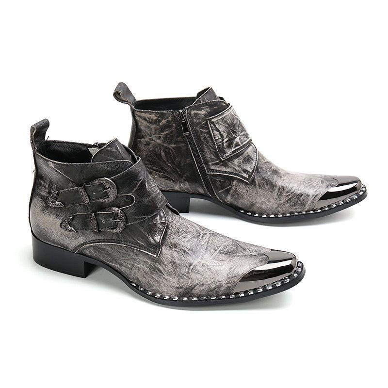 Silver vintage leather boots Pointy motorcycle boots for men