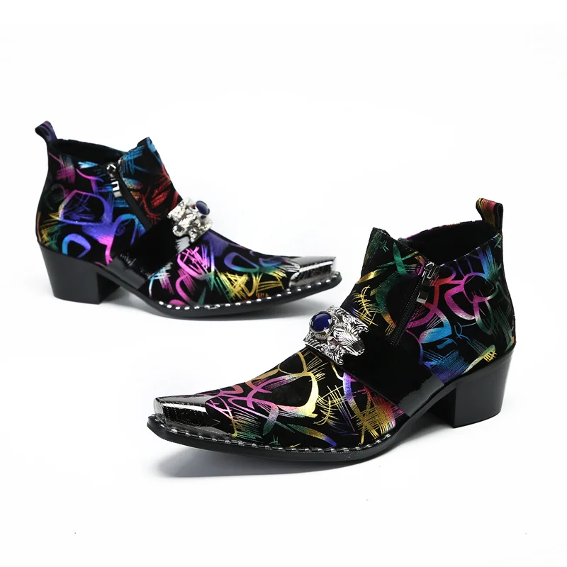 Colorful stylish high-heeled boots Pointy motorcycle boots for men