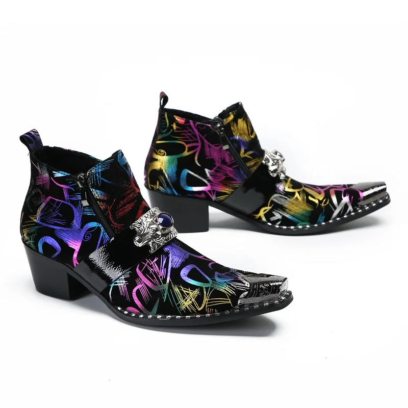 Colorful stylish high-heeled boots Pointy motorcycle boots for men