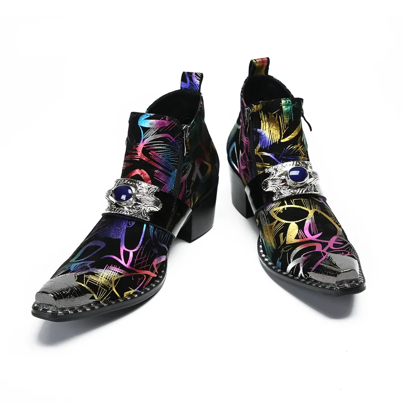 Colorful stylish high-heeled boots Pointy motorcycle boots for men