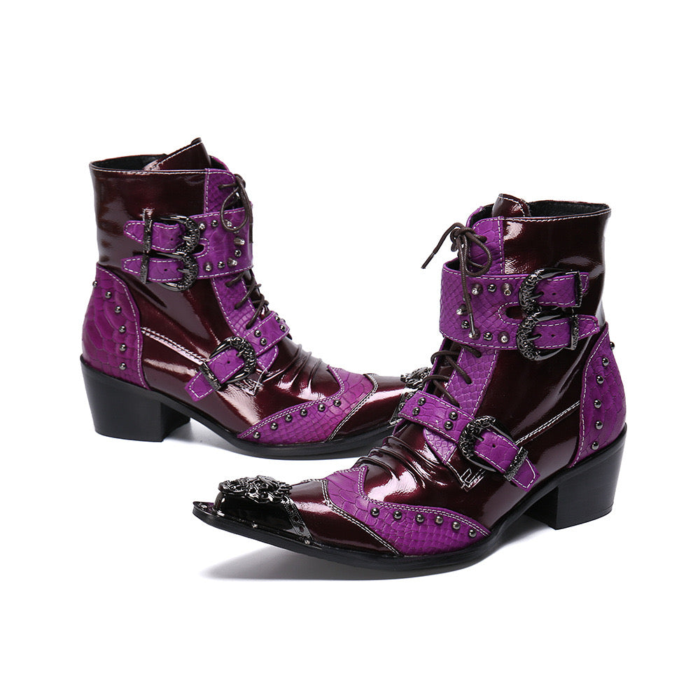 purple Men's High Top Brogue Booties Banquet Leather Boots Men's Boots