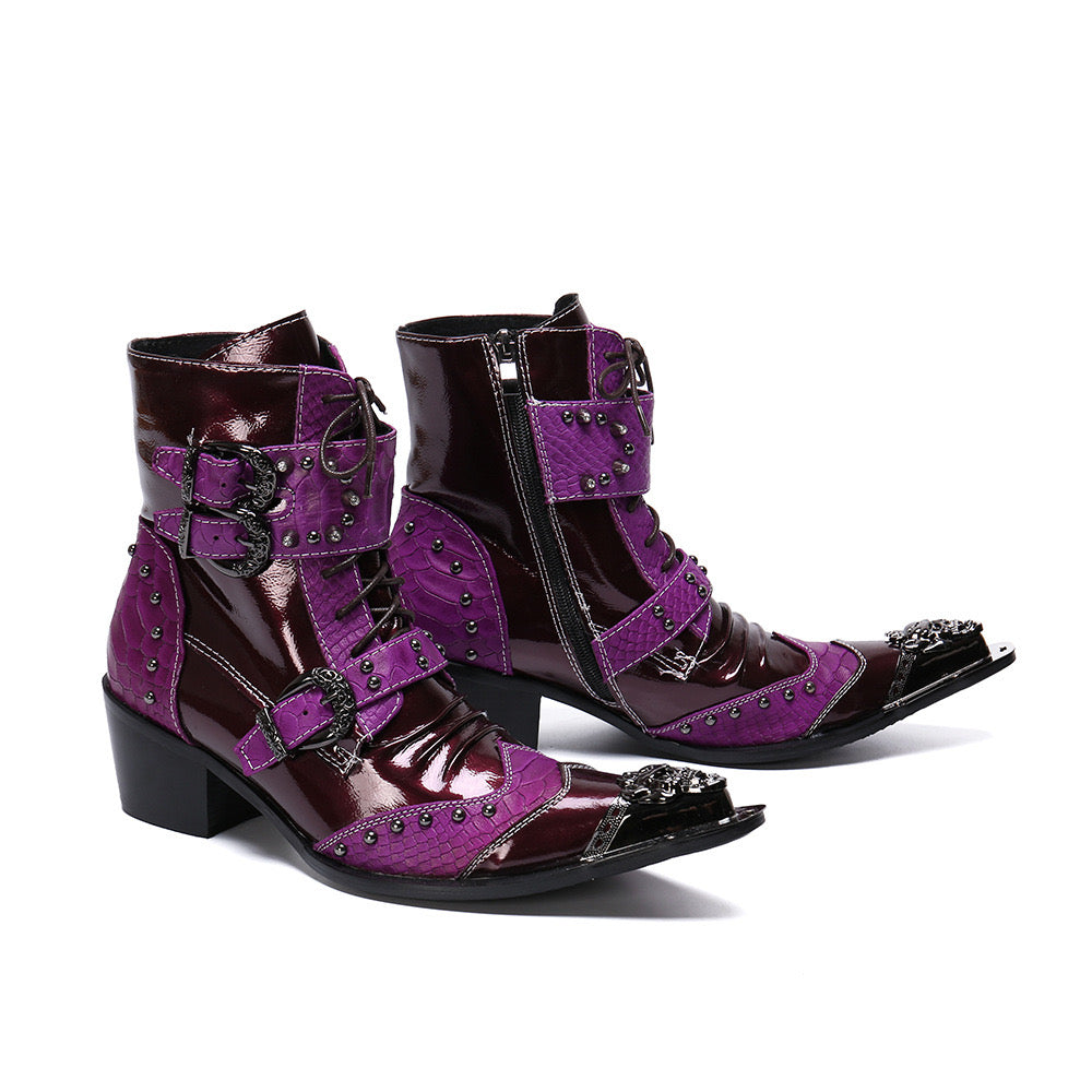 purple Men's High Top Brogue Booties Banquet Leather Boots Men's Boots