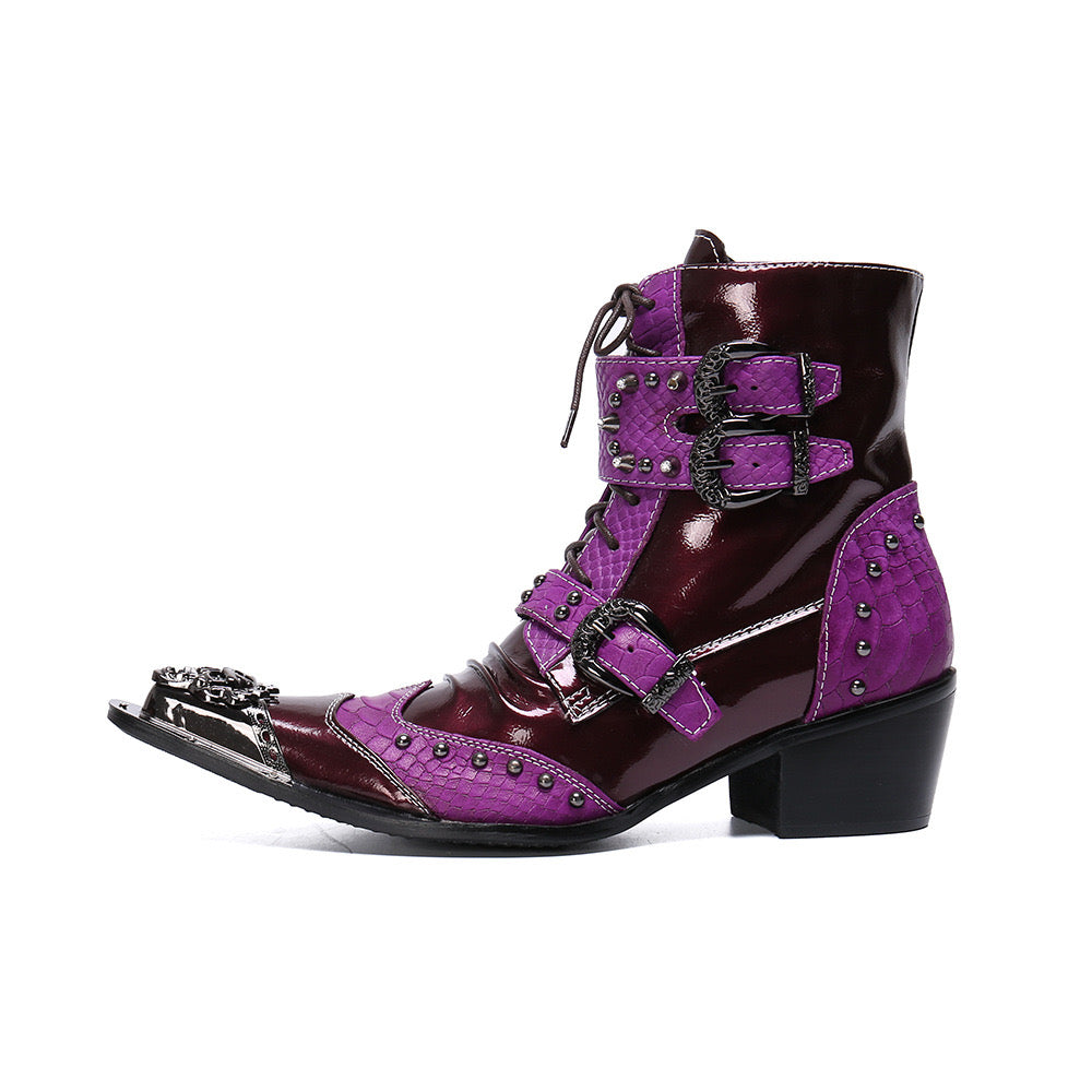 purple Men's High Top Brogue Booties Banquet Leather Boots Men's Boots