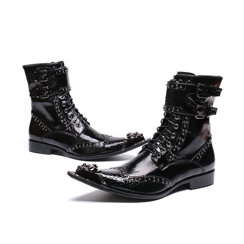 Black fashion patchwork leather motorcycle high-heeled boots