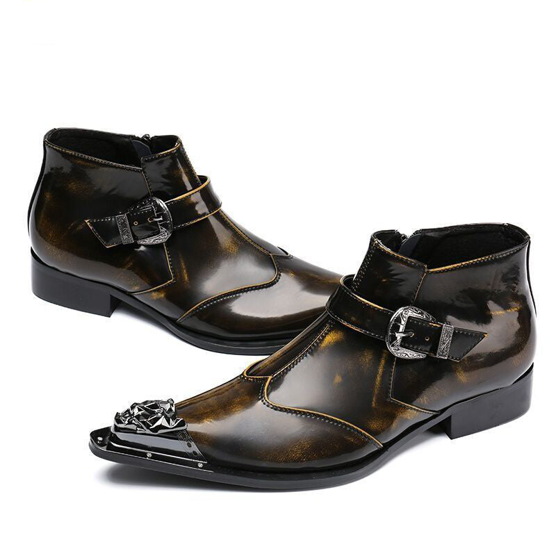 Bronzed leather stylish ankle boots for men cowboy motorcycle boots