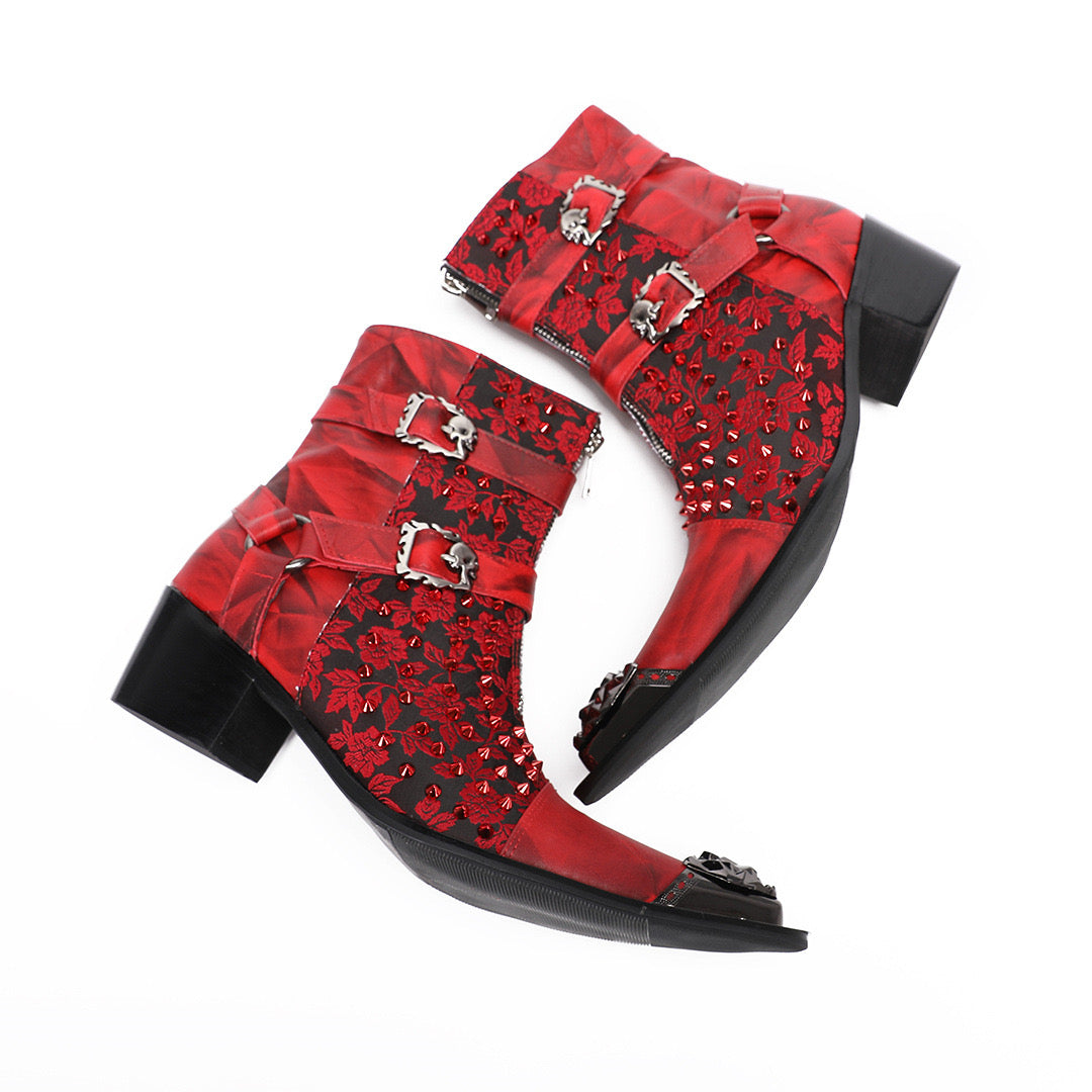 Red hand-embroidered high-top Brogues men's party leather boots