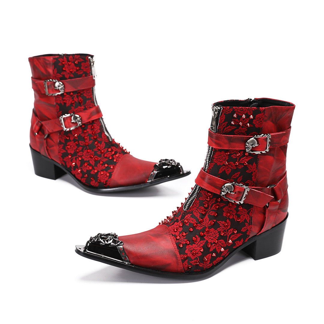 Red hand-embroidered high-top Brogues men's party leather boots