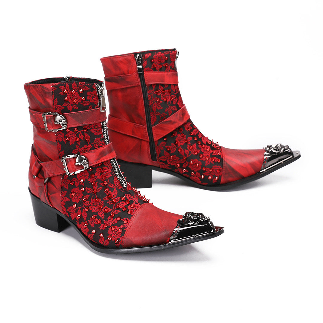 Red hand-embroidered high-top Brogues men's party leather boots