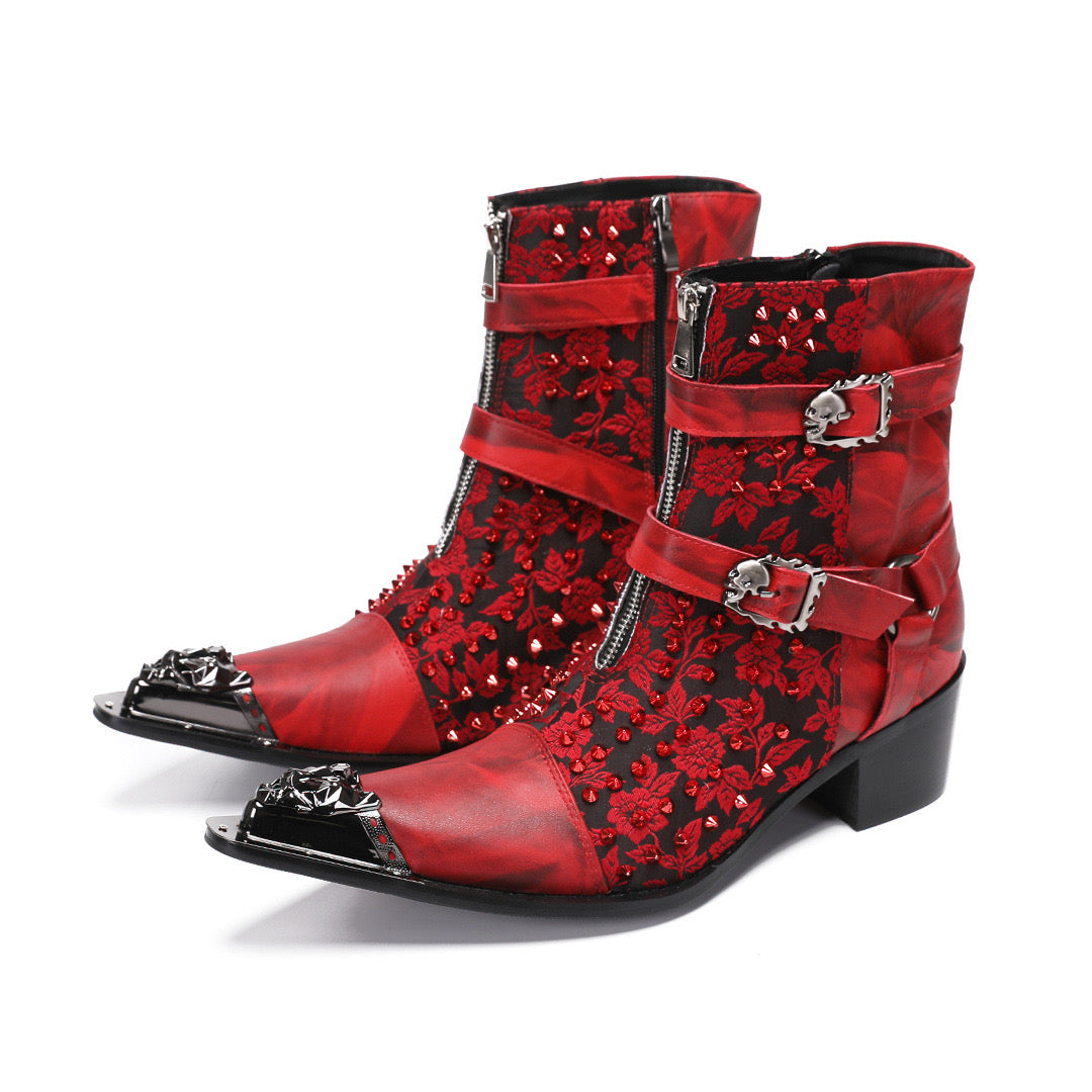 Red hand-embroidered high-top Brogues men's party leather boots