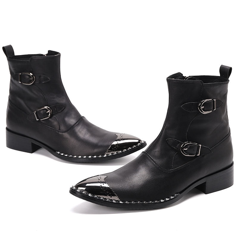 Black Genuine Leather Motorcycle Boots Heels Party Mens boots