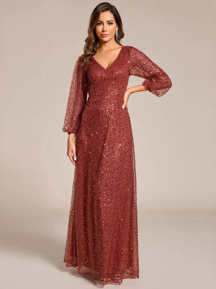 Orange fashion sequin V-neck long sleeved dress