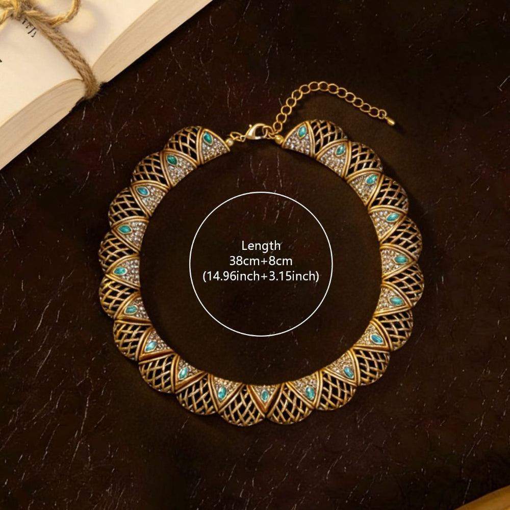 Vintage old gold greenstone hollow fan necklace