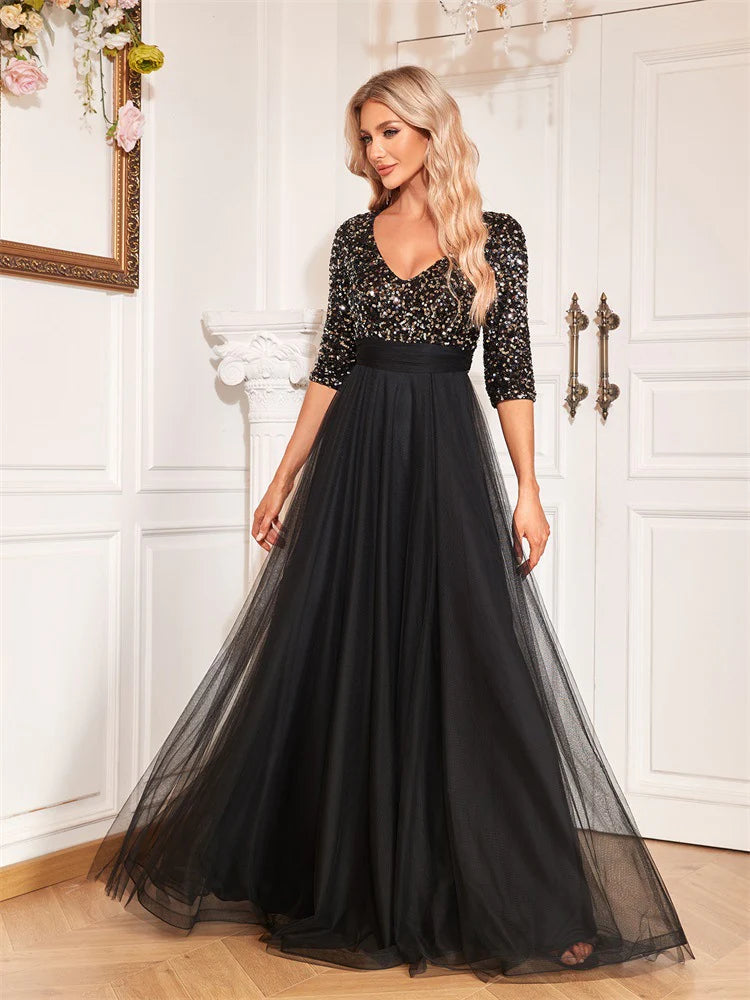 Fashion V-neck sequin dance evening gown