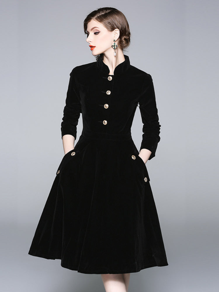 Black Hepburn stand-up neck gold velvet dress