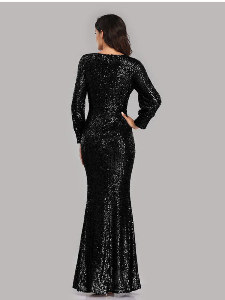 Large Size Long Sleeve V-Neck Sequined Fishtail Dress