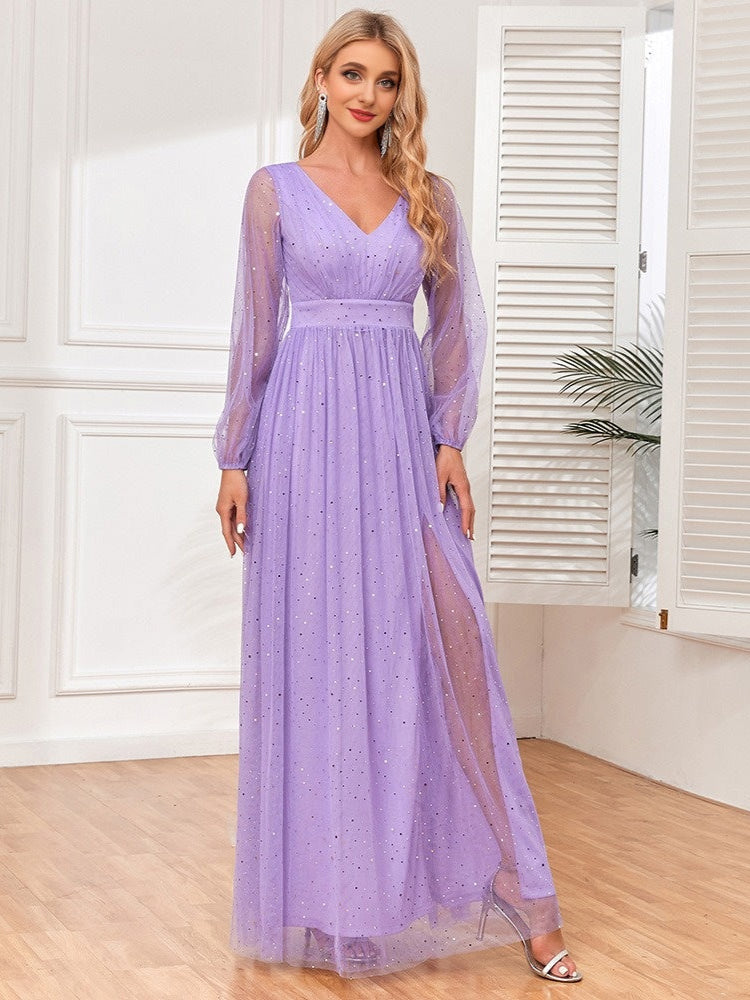 Purple Sequin V-Neck Lace Long Sleeve Dress