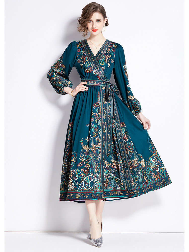 Democratic V-neck long-sleeved printed dress