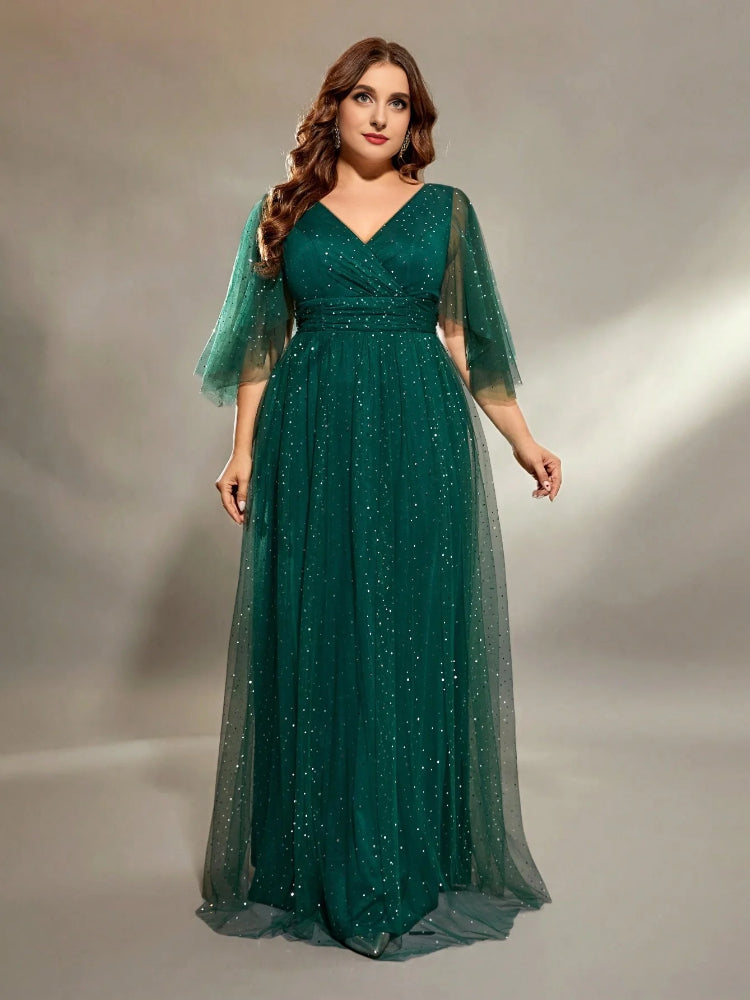 Green plus size fashionable sequin curved mesh dress