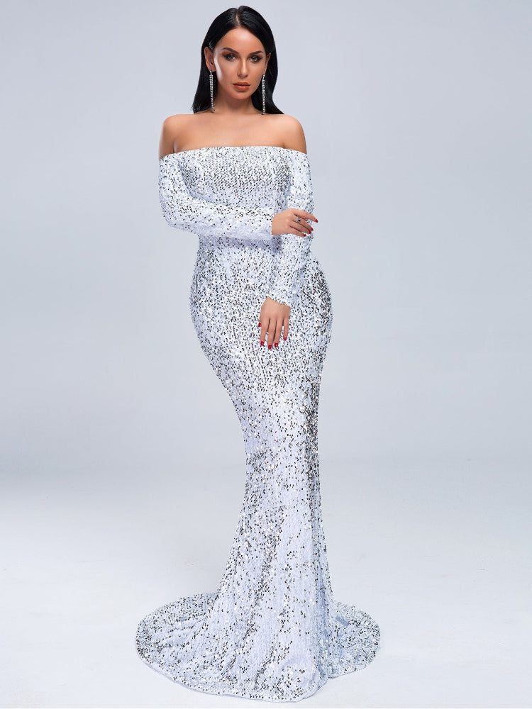 Sexy tube top one-word shoulder long-sleeved sequin dress