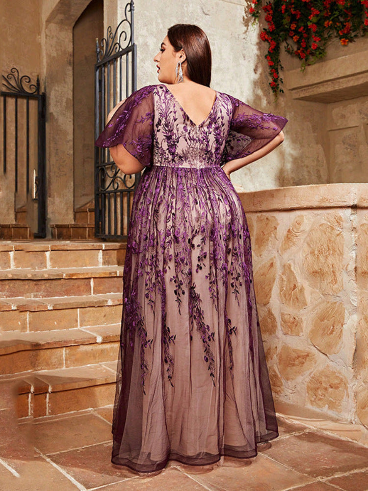 Large Size Purple Embroidered V-Neck Dress