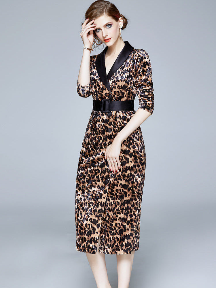 French golden velvet leopard print dress