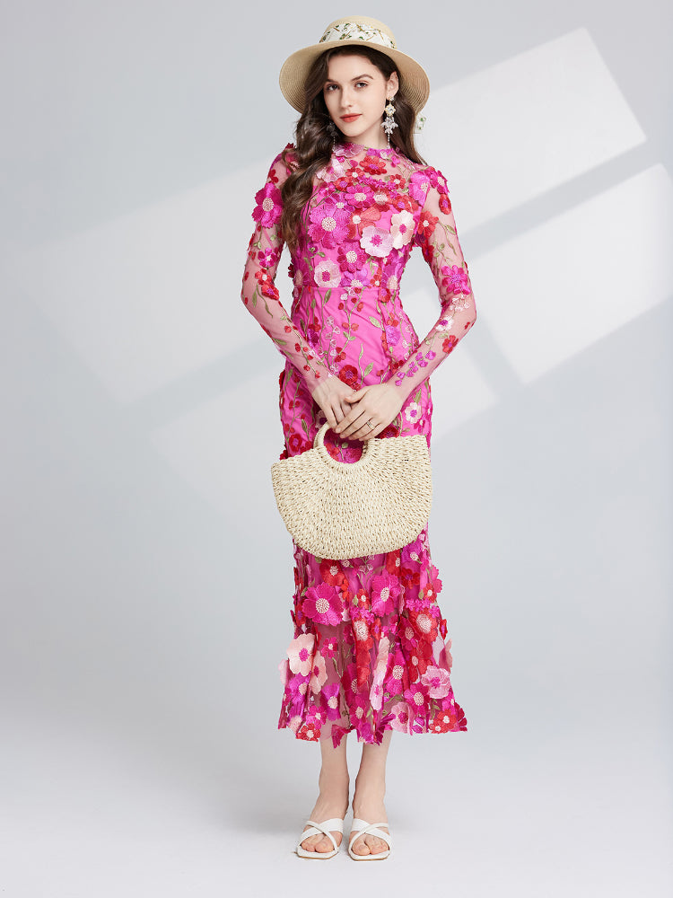 French three-dimensional embroidery long sleeved dress