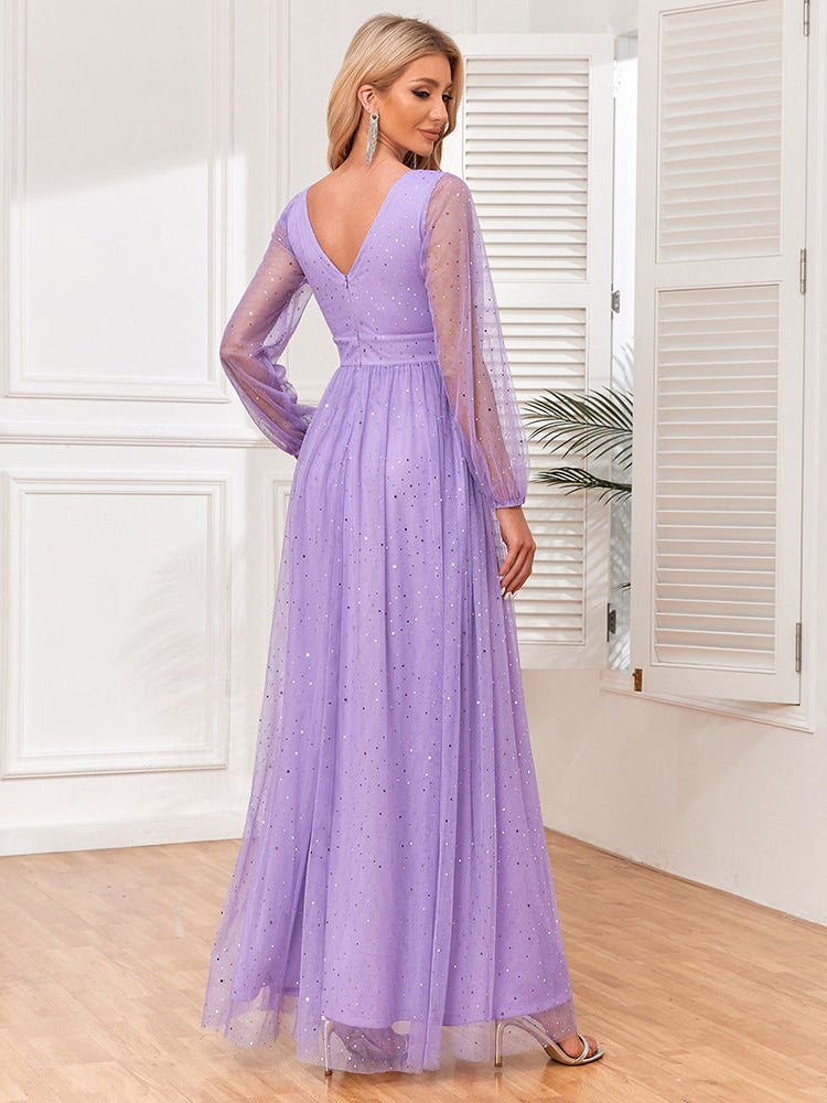 Purple Sequin V-Neck Lace Long Sleeve Dress