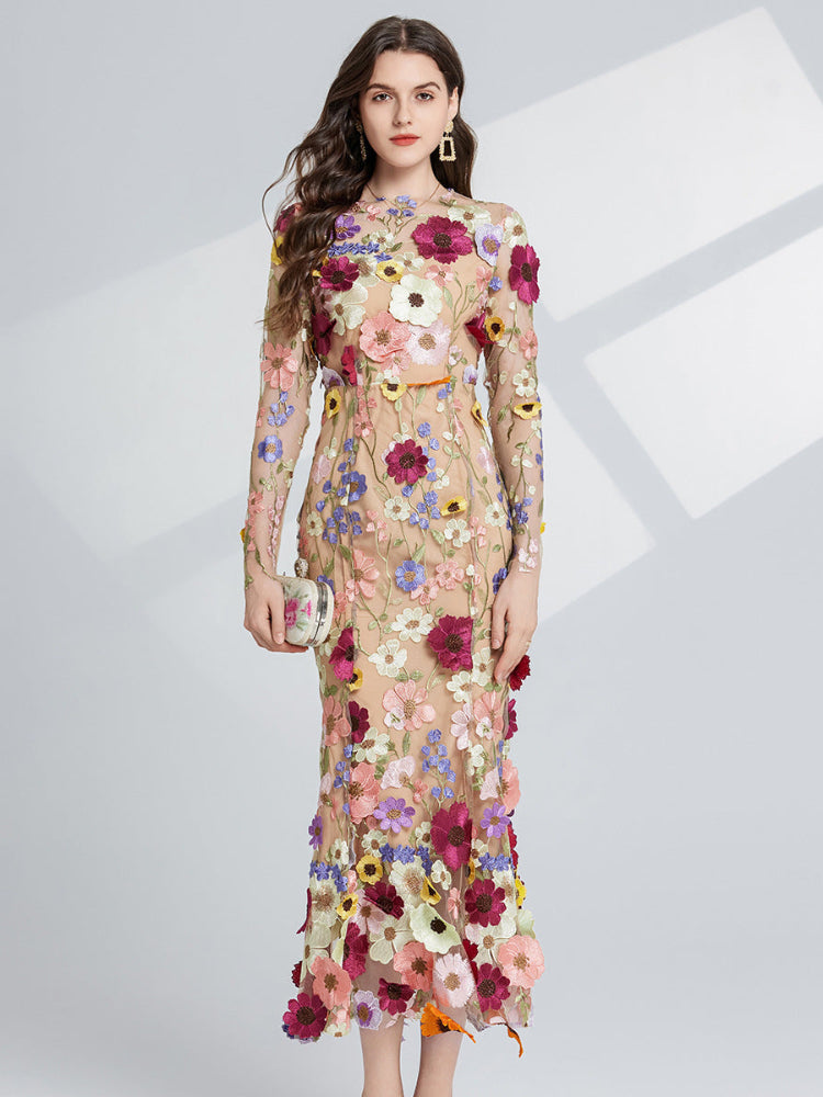 French three-dimensional embroidery long sleeved dress