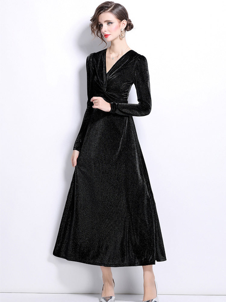 Niche velvet temperament waist long-sleeved dress