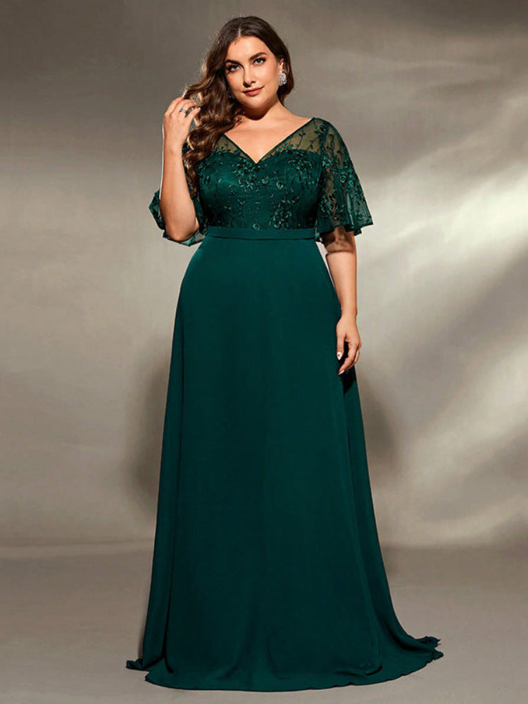 Green plus lace embroidered V-neck dress