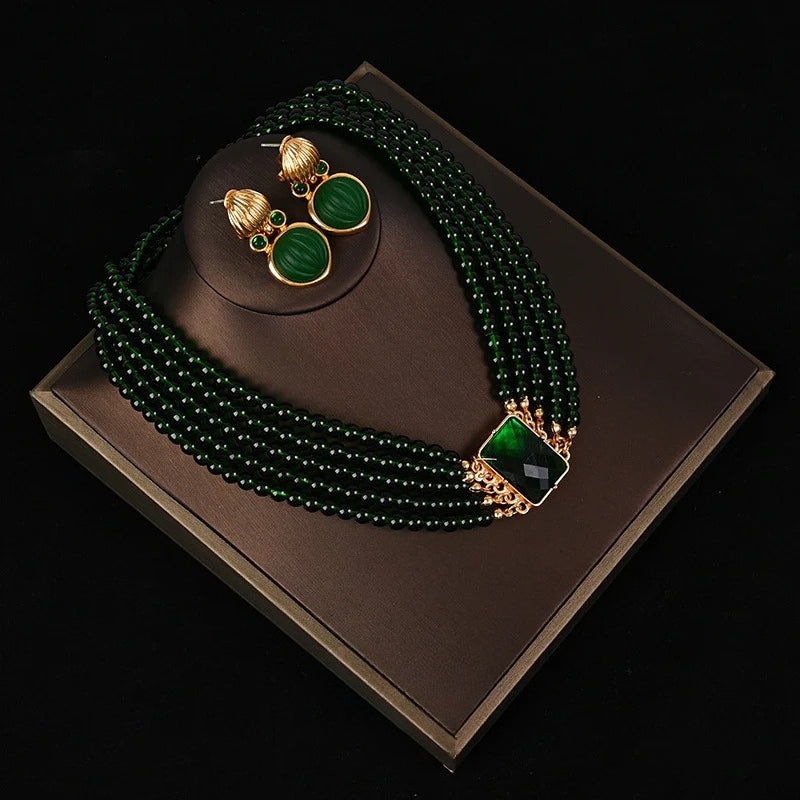 Green Crystal Multi-layer Stacked Necklace Set