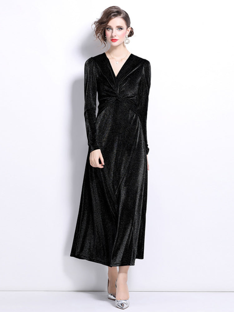 Niche velvet temperament waist long-sleeved dress