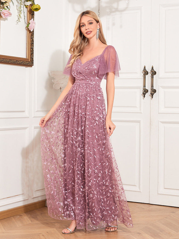 Pink elegant V-neck mesh embroidered evening dress