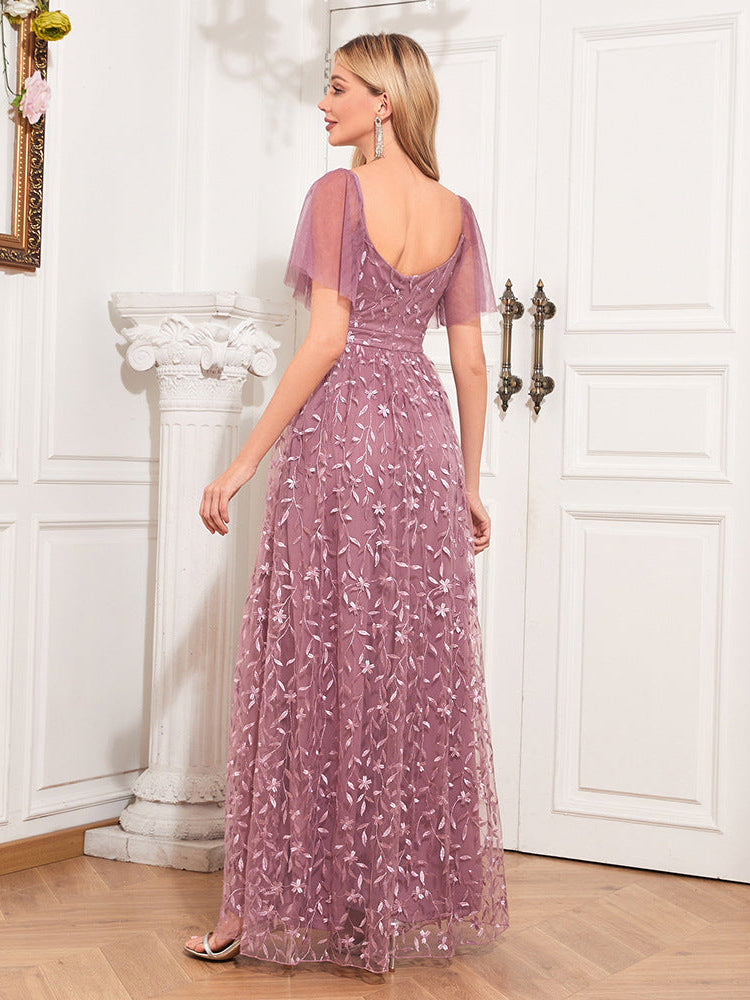 Pink elegant V-neck mesh embroidered evening dress