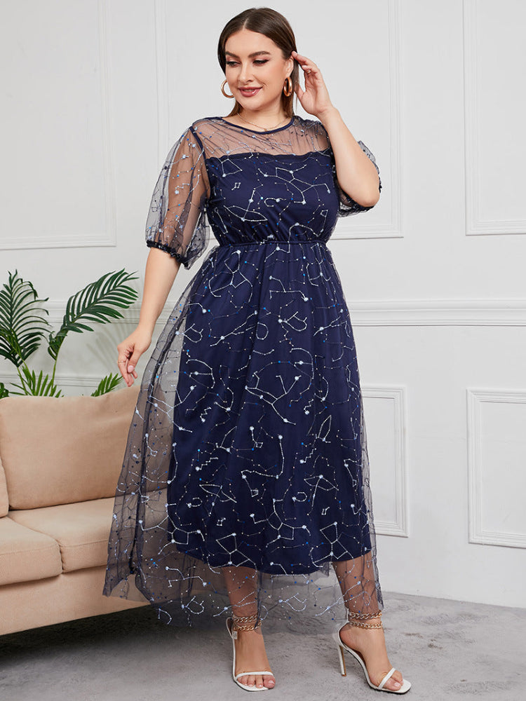 French plus size mesh embroidered dress