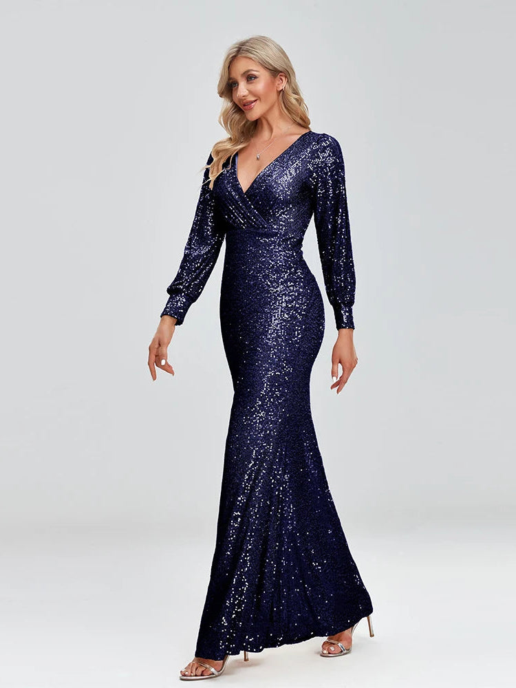 Long Sleeve V-Neck Sequin Fishtail Dress