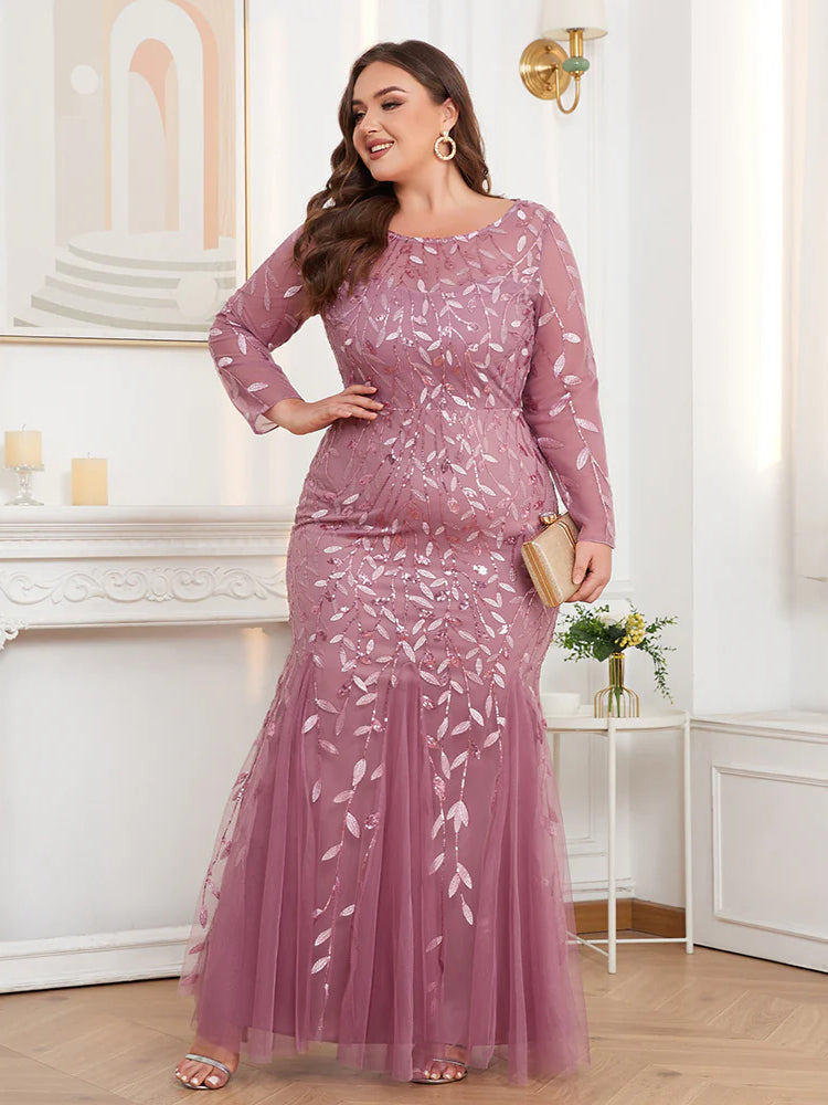 Large Size Crew Neck Embroidered Long Sleeve Fishtail Evening Dress