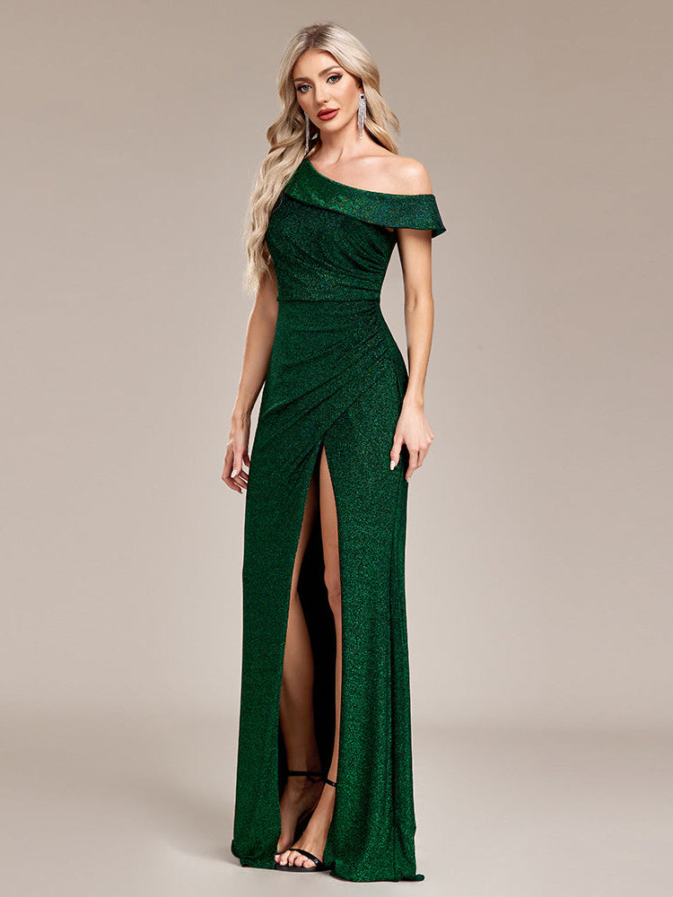 Shiny slanted shoulder high split dress