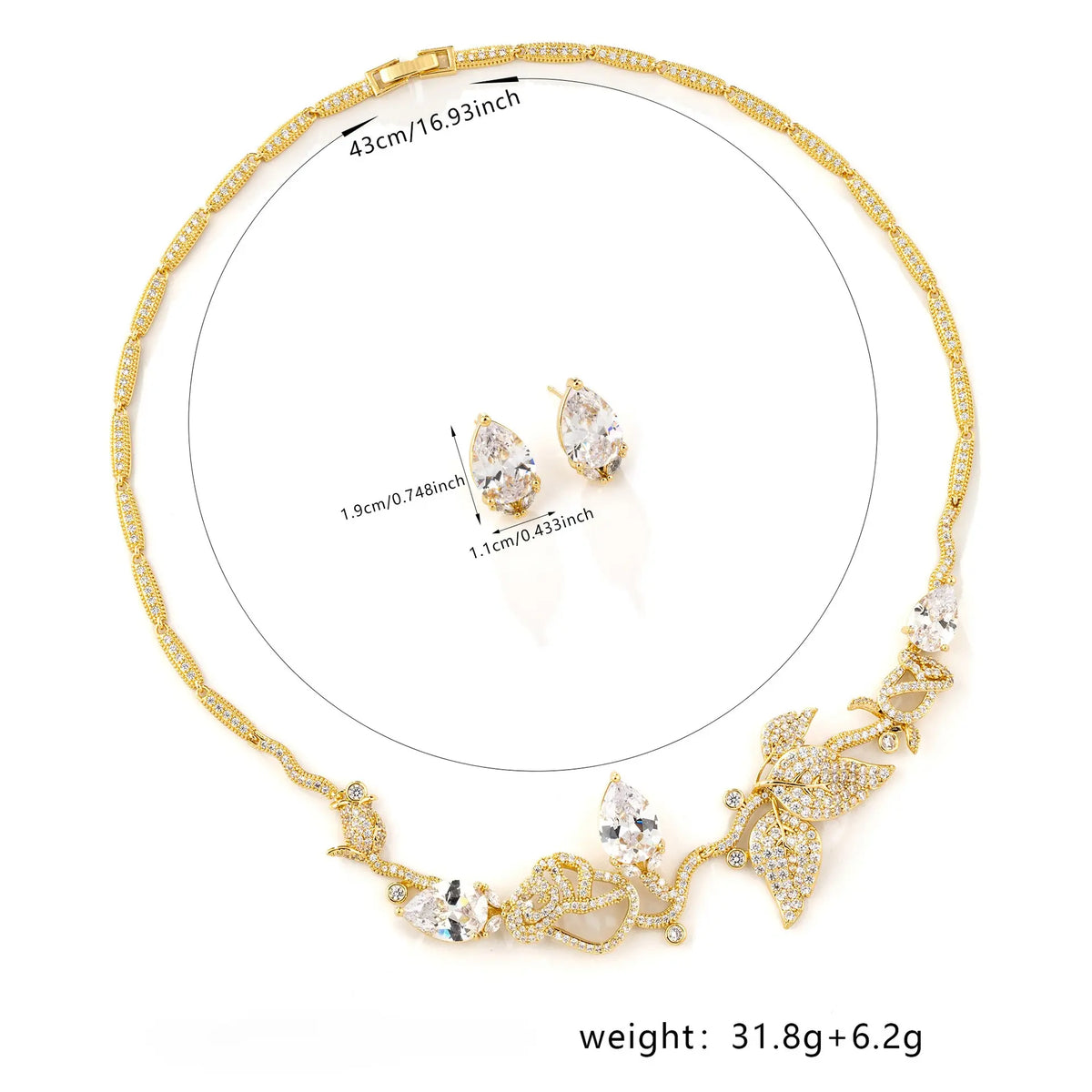 Water drop leaf zircon necklace and earrings set - women's luxury jewelry for banquets and weddings