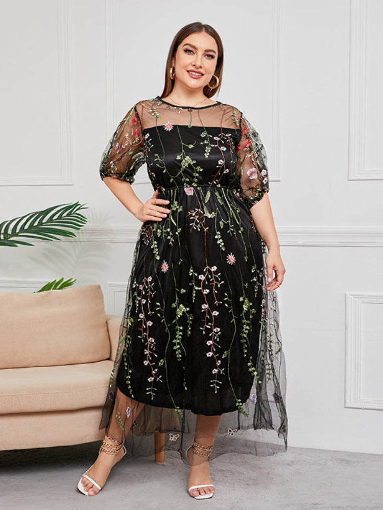 French plus size mesh embroidered dress