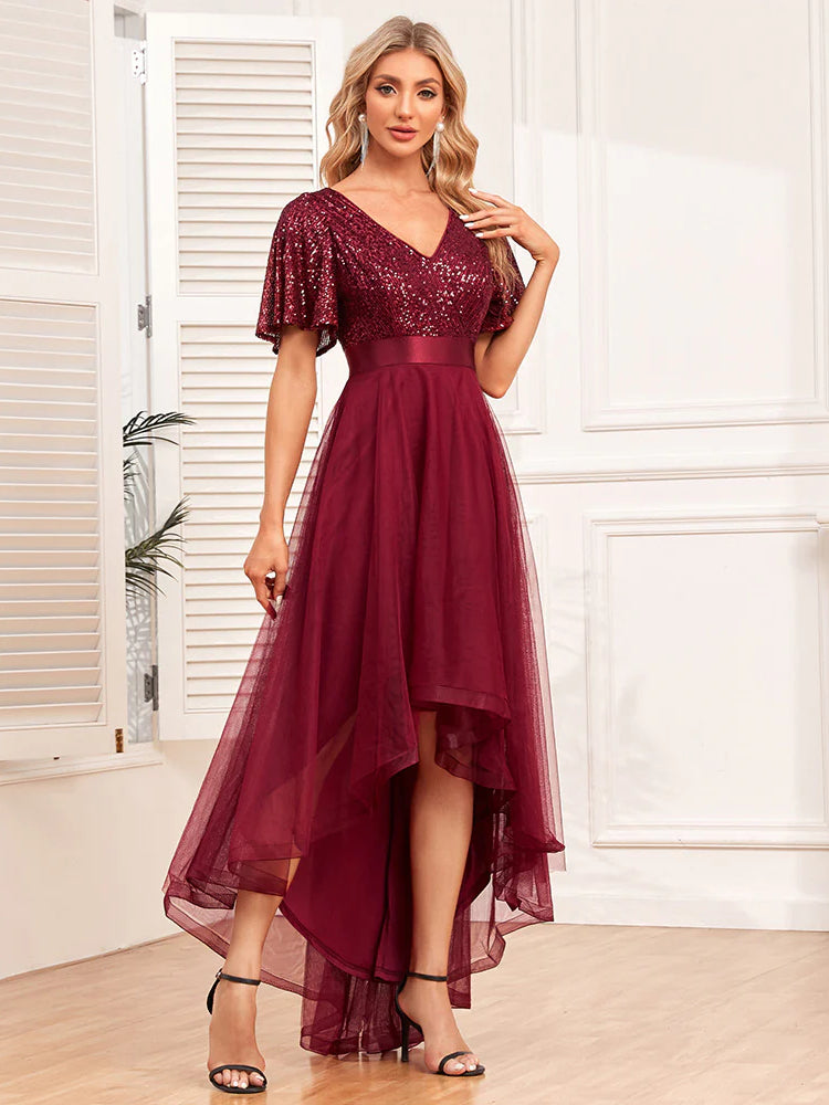 Fashion stitching V-neck irregular evening dress