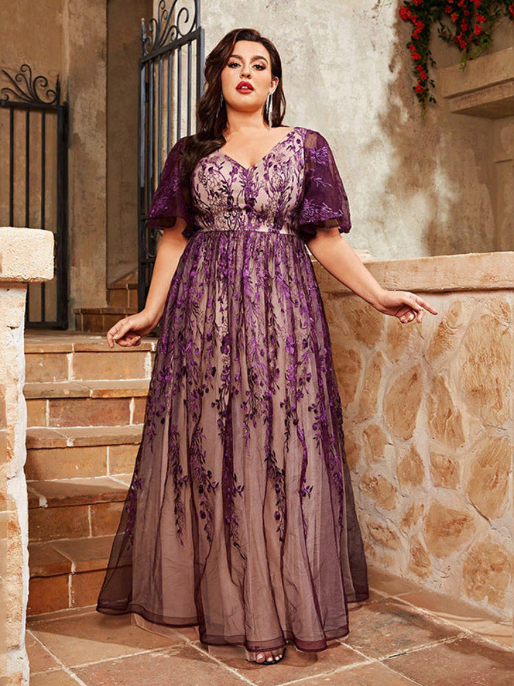 Large Size Purple Embroidered V-Neck Dress