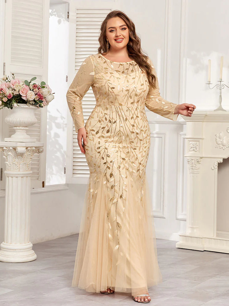 Large Size Crew Neck Embroidered Long Sleeve Fishtail Evening Dress