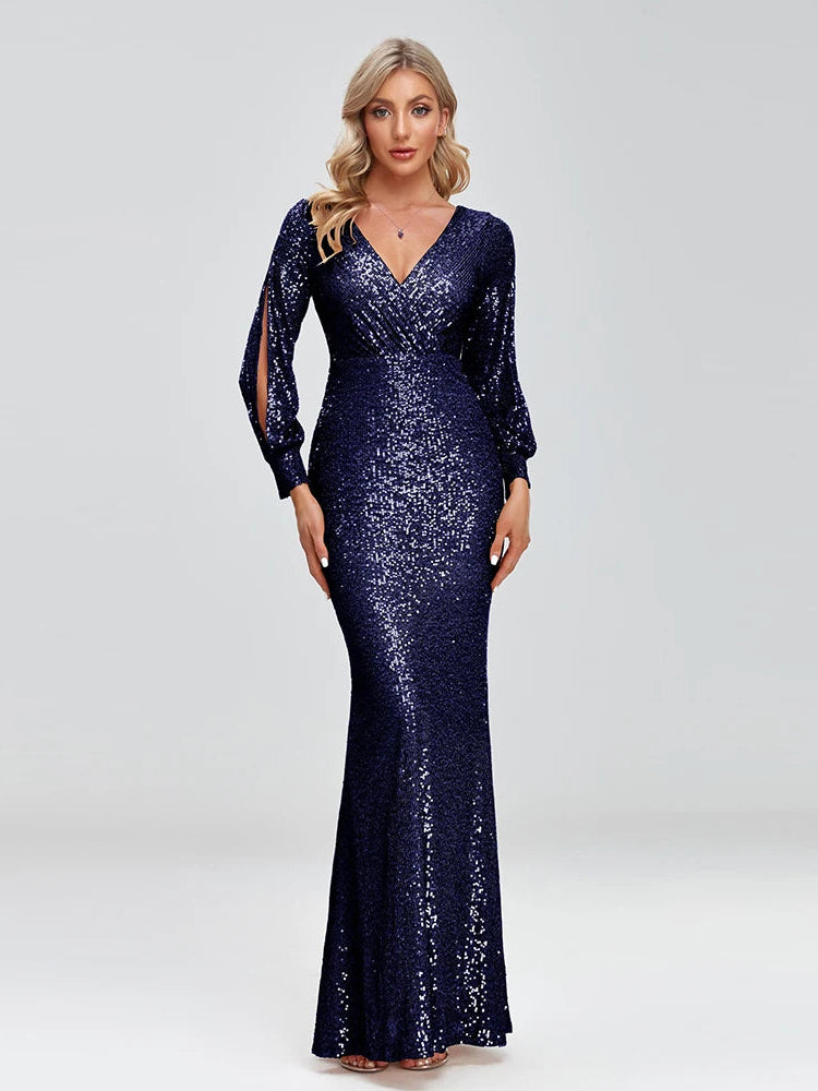 Long Sleeve V-Neck Sequin Fishtail Dress