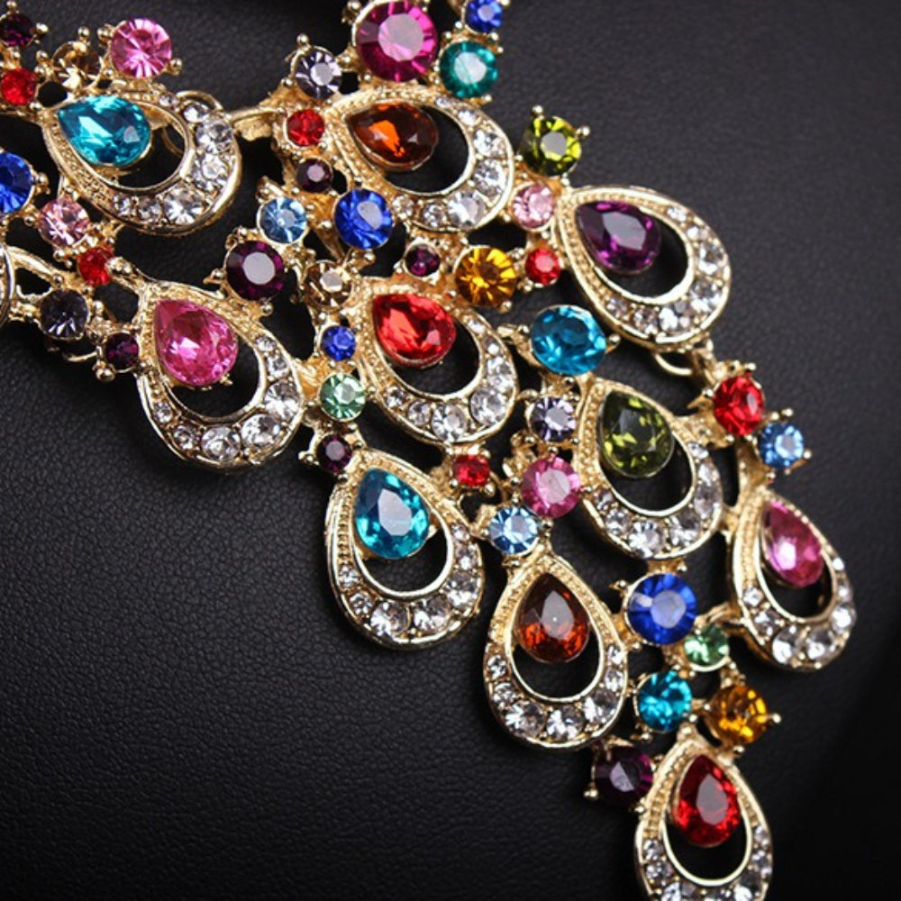 Luxury Multicolor Crystal Peacock Necklace and Earrings Jewelry Set