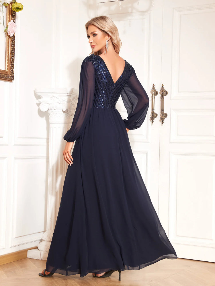 Fashion sequin temperament long-sleeved evening dress